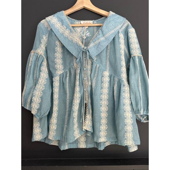 Listicle Head in the Clouds Embroidered Button Front Blouse Top Blue NEW Large - Picture 3 of 12